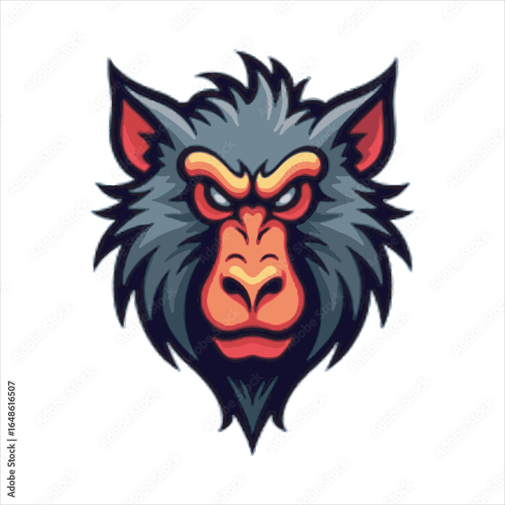 Obraz premium Angry Baboon Head Vector Illustration,Wild Baboon Mascot Head Design,Cartoon Baboon Face Logo Template,Fierce Baboon Animal Head Artwork,Detailed Baboon Head Vector Drawing,Baboon Head Esports Logo