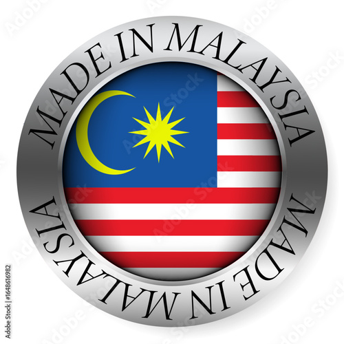 Made in Malaysia button icon. Circular emblem with metallic border, glossy central flag, and bilingual label indicating product origin and international manufacturing identity.