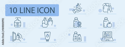 Hand hygiene set icon. Includes soap dispensers, hand wash, certification badge, fruit indicator, cleaning gestures, tubes, bottles, sanitizing motions, and related cleanliness visuals.