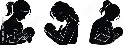 Silhouette of mother holding baby, nurturing love, maternal bonding, family care, parenting illustration, newborn embrace, emotional connection, tender moment.