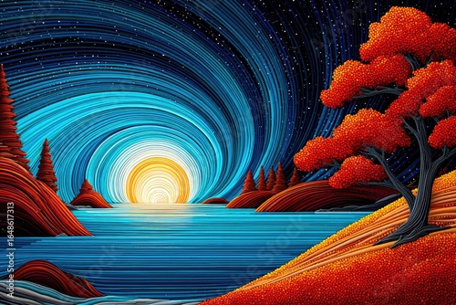 Abstract landscape with swirling colors and a vibrant sun