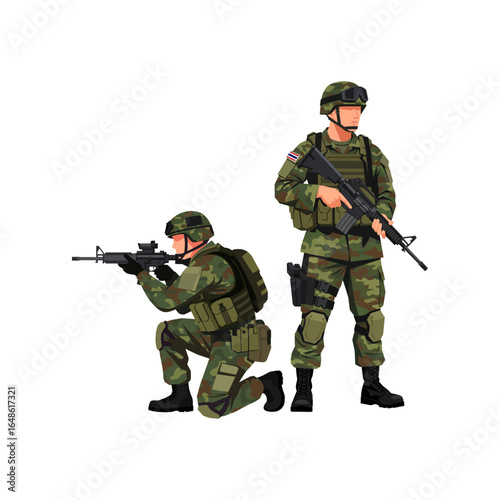 Two cartoon soldiers in camouflage, one kneeling and aiming a rifle, the other standing ready with a rifle. Vector illustration.