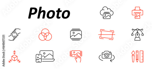 Photo set icon. Includes camera, editing tools, image files, color adjustment, crop tool, cloud storage, printing, vector graphics, resizing, galleries, and touch interaction.