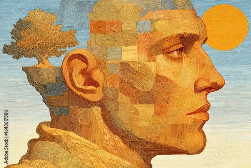 A man's profile, a stylized portrait with a tree and sun, fragmented textures, and a sky backdrop