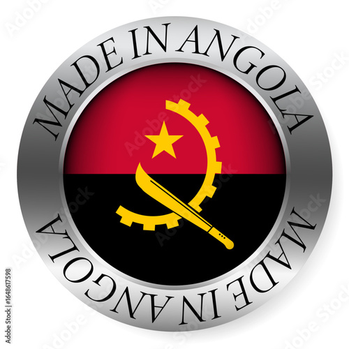 Made in Angola button icon. Circular emblem with metallic border, glossy central flag, and bilingual label indicating product origin and international manufacturing identity.