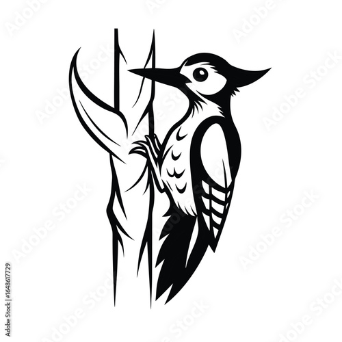 Detailed line art illustration of a woodpecker firmly clinging to a textured tree trunk against a clean white background