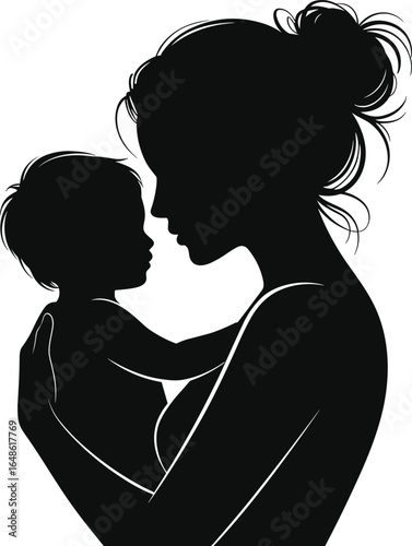 Silhouette of mother holding child, emotional bond, family love, parental care, tender embrace, intimate connection, black and white art.