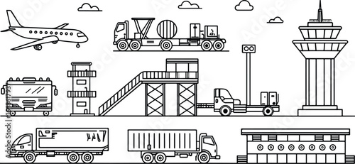 Airport Transportation and Infrastructure Black and White Illustration for Logistics and Travel Themes Depicting Commercial Vehicles Aircraft Control Tower and Airport Building