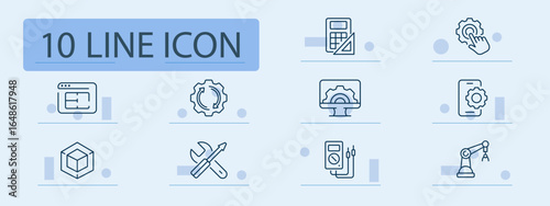 Engineering tools set icon. Gear, touch, CAD, calculator, wrench, 3D cube, electric meter, robotic arm, software, mobile cogwheel shown