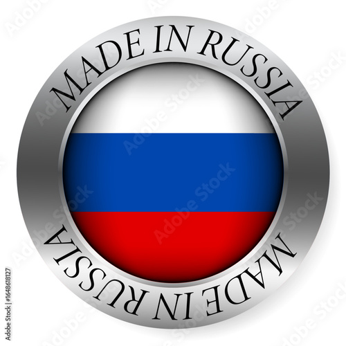 Made in Russia button icon. Circular emblem with metallic border, glossy central flag, and bilingual label indicating product origin and international manufacturing identity.