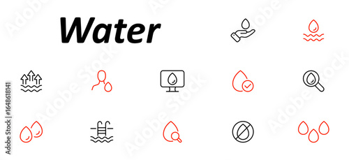 Water set icon. Includes droplets, hand with water, pool, waves, magnifying glass, checkmark, prohibition symbol, computer screen, and person associated with hydration or purity.