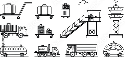 Black and White Airport Transportation Icons Luggage Carts Fuel Truck and Control Tower Vector Illustration Graphics for Design Projects