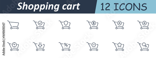 Shopping cart set icon. Minimal line carts with contextual elements including plus, minus, check, cross, dollar, percentage, download, shield, clock, magnifier, star, hand