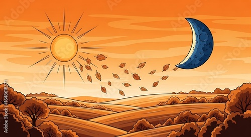 Autumnal equinox landscape: Illustration of daytime transitioning to nightfall