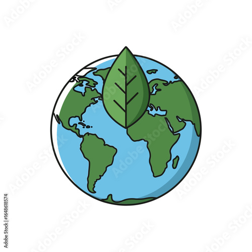 An illustration of the planet Earth with a large green leaf, symbolizing ecology, sustainability, and environmental care.