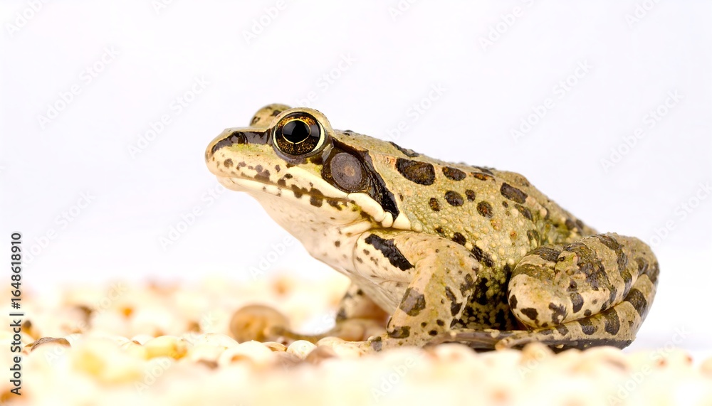 Fototapeta premium Frog resting on small, light-colored grains