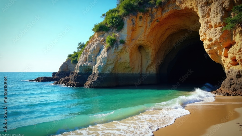 Fototapeta premium Coastal cave opening onto a tranquil beach.