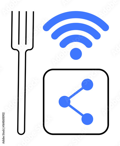Fork, a share icon, and a wireless signal representing connected food technology, sharing, and modern dining. Ideal for food delivery, mobile apps, online dining, connectivity smart living