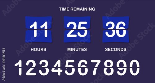 Countdown timer icon. Flip-style numeric display showing days, hours, minutes, seconds with brown background, bold split numbers, and a clear time-remaining header in white text.