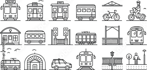 Collection of Black and White Transportation Icons Featuring Buses Trains Cars and Bicycles Urban Transit System Components and Elements