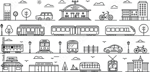 Transportation and urban landscape seamless pattern featuring trains trams cars and bicycles in a minimalistic black and white design great for backgrounds