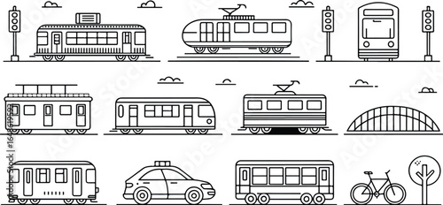 Black and white illustration showcasing various modes of transportation including trains trams taxi bike and a bridge under a cloudy sky offering a vector format