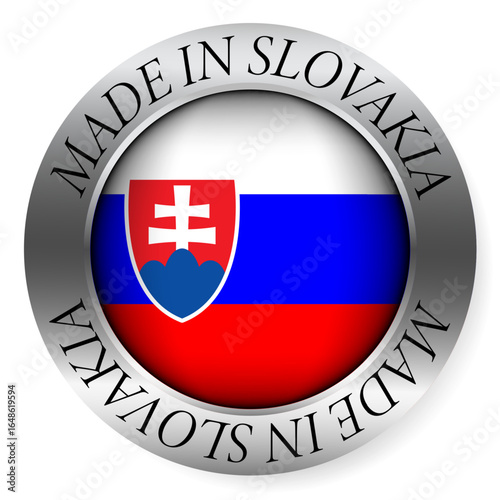 Made in Slovakia button icon. Circular emblem with metallic border, glossy central flag, and bilingual label indicating product origin and international manufacturing identity.