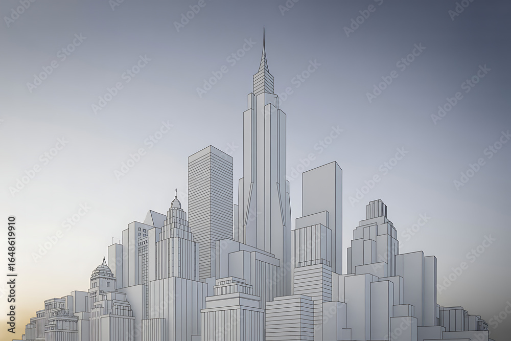 Fototapeta premium Modern city skyline with sharp architectural lines and a sense of urban grandeur, perfect for business and development themes.