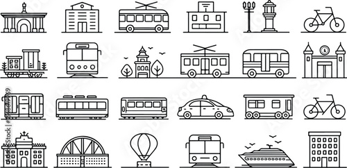 Black and White City Transportation Icons Collection Featuring Buildings Public Transit and Vehicles Representing Urban Life and Travel