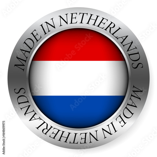 Made in Netherlands button icon. Circular emblem with metallic border, glossy central flag, and bilingual label indicating product origin and international manufacturing identity.