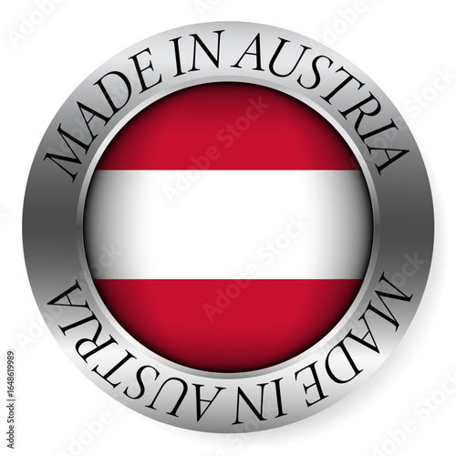 Made in Austria button icon. Circular emblem with metallic border, glossy central flag, and bilingual label indicating product origin and international manufacturing identity.