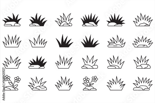 Set of 30 Black and White Minimalist Grass and Flower Icons: Various Grass Designs and Nature Symbols for Landscaping, Gardening, and Outdoor Apps