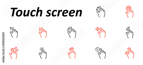 Touch screen set icon. Finger gestures for tap, swipe, scroll, zoom, drag, rotate, long press, and double tap shown with motion arrows and interface interaction in minimal line design.