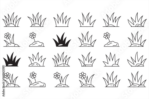Black and White Grass and Flower Icons for Eco-friendly Outdoor Graphics