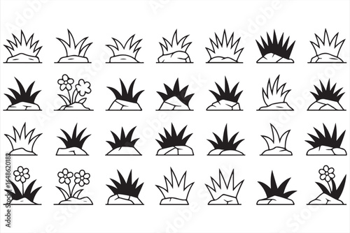 Icon Set of Grass and Wildflower Shapes for Landscaping, Gardening, and Nature