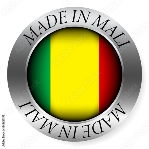 Made in Mali button icon. Circular emblem with metallic border, glossy central flag, and bilingual label indicating product origin and international manufacturing identity.