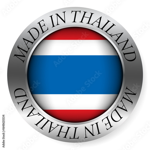 Made in Thailand button icon. Circular emblem with metallic border, glossy central flag, and bilingual label indicating product origin and international manufacturing identity.