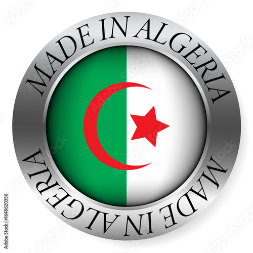 Made in Algeria button icon. Circular emblem with metallic border, glossy central flag, and bilingual label indicating product origin and international manufacturing identity.