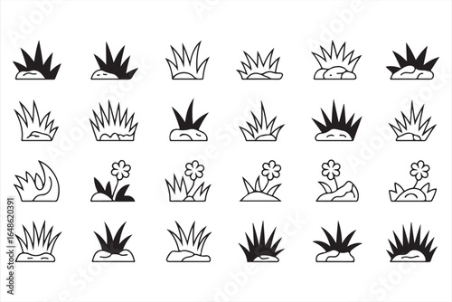 Set of 30 Black and White Grass and Flower Icons for Landscaping and Gardening