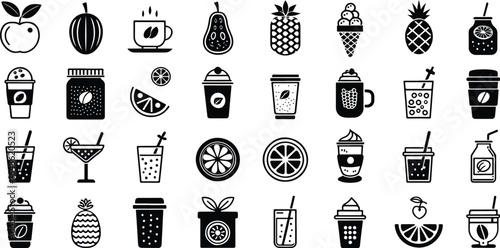 Collection of black and white food and beverage icons representing a wide variety of culinary delights and refreshing drinks on white background