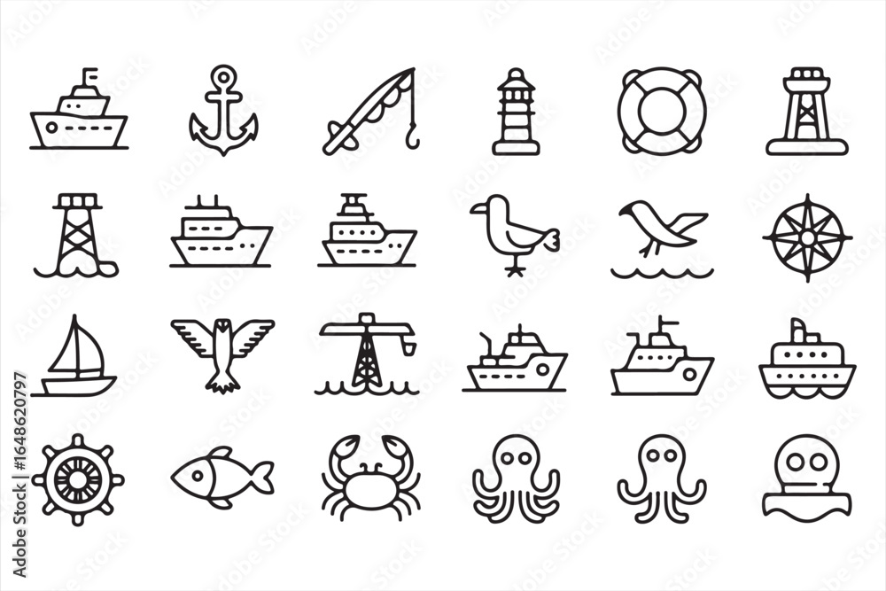 Fototapeta premium 30 Ocean and Maritime Icons for Seafaring, Navigation, and Adventure Apps
