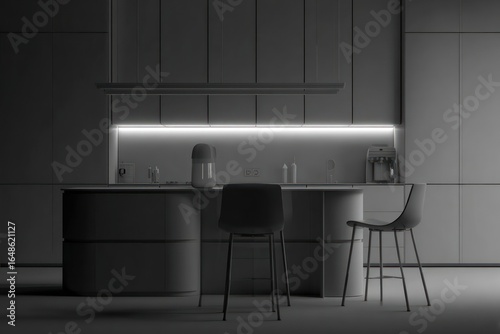 Modern, minimalist kitchen interior.  Empty, grayscale
