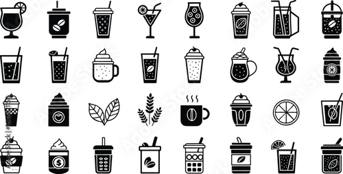 Assorted Beverages Black and White Icon Set Vector Graphic Collection for Menu Design and Drink Related Projects