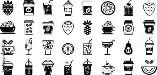 Collection of Black and White Drink and Fruit Icons for Menu Design and Healthy Lifestyle Promotion and Food Illustrations