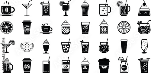 Assorted beverage icons collection drinks including coffee tea cocktails smoothies and juices in minimalist black and white design