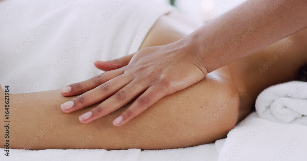 Fototapeta premium Hands, masseuse and massage person at spa for beauty, muscle tension and luxury treatment. People, arm and cosmetic therapy for body wellness, skincare healing and pamper customer for health benefits