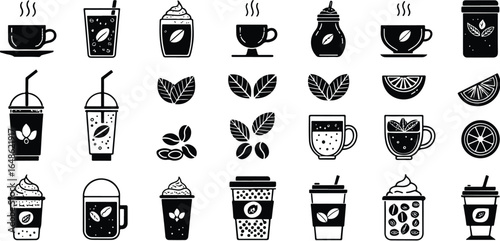 Collection of Coffee and Tea Icons Black and White Vector Illustration Different Coffee Beverages and Coffee Beans