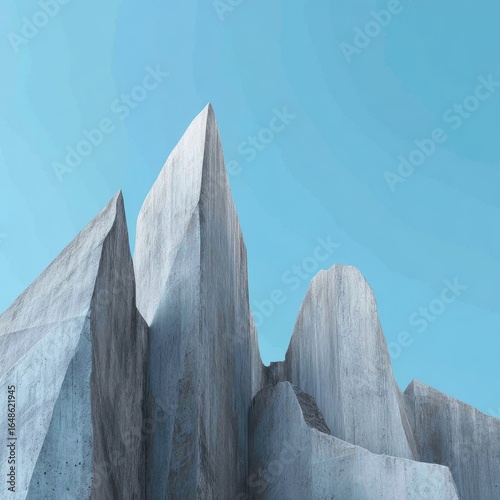 Architectural cliff formations with sharp lines and soft blue backdrop
