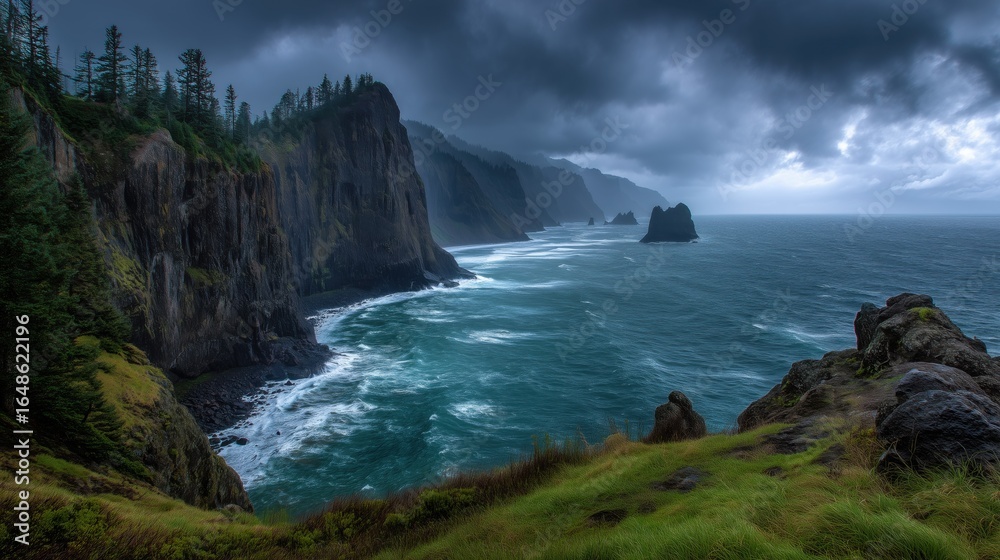 Fototapeta premium Dramatic coastal view with cliffs and turbulent ocean waves.