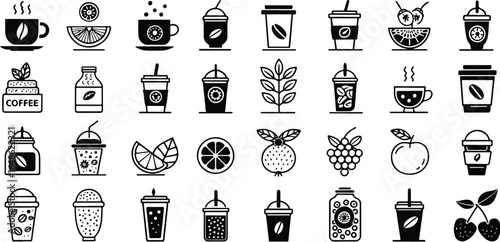 Diverse array of food and beverage icons including coffee fruit and smoothies for menu design and nutritional illustrations in black and white